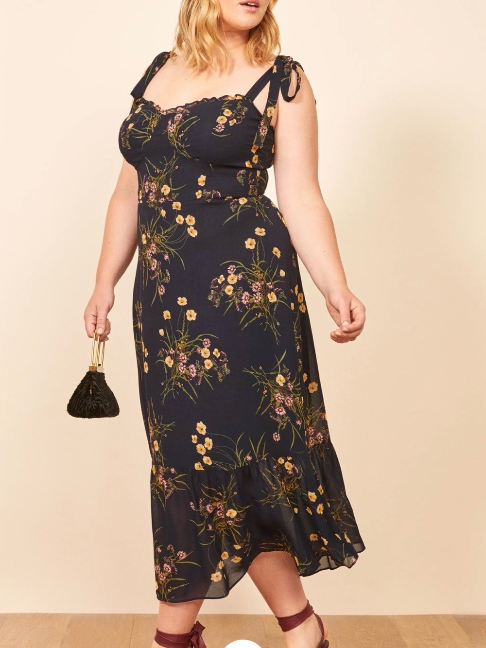 Reformation Floral Tie-Strap Midi Dress in Navy- Size 20